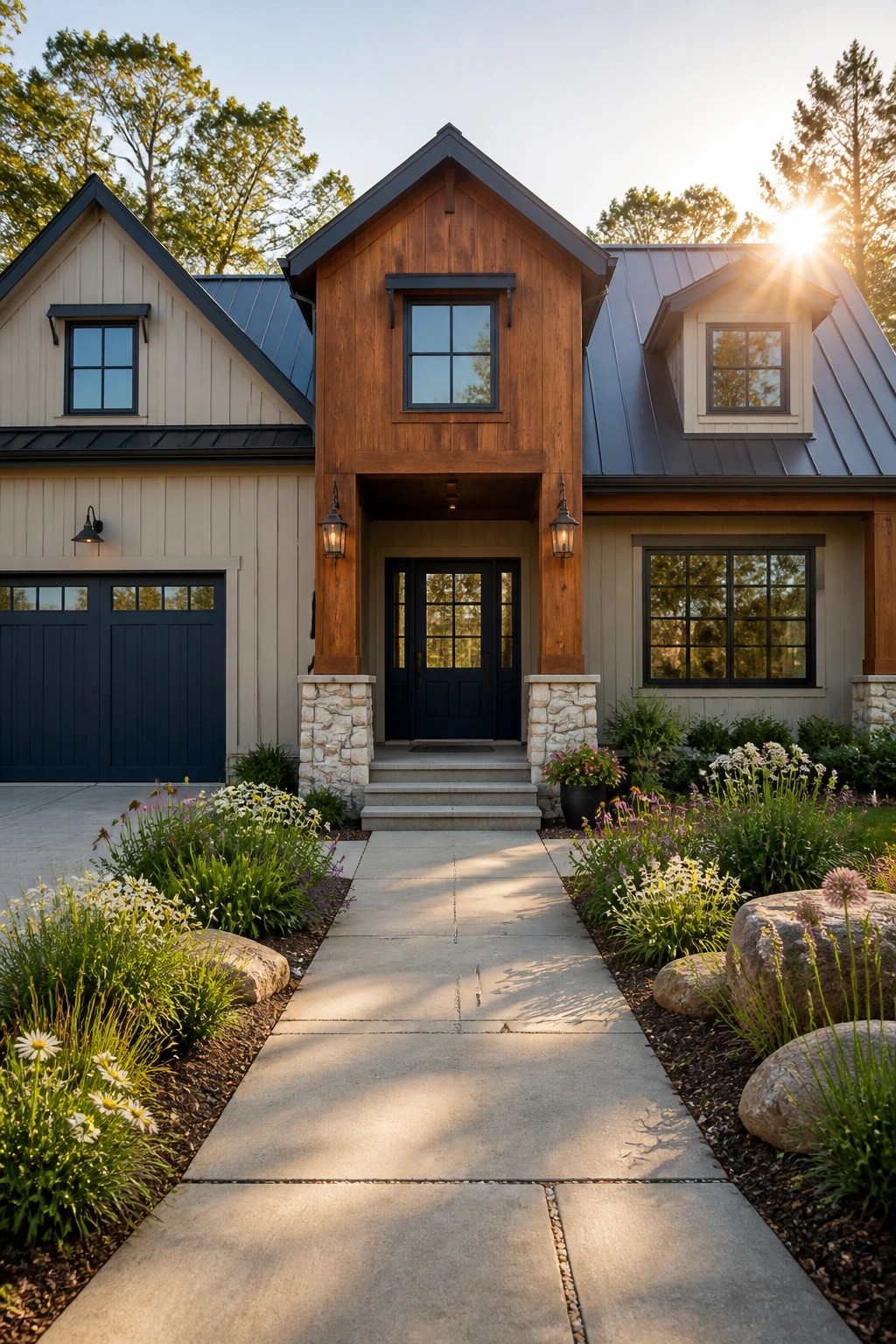 Light greige siding on a modern farmhouse with cedar accents.