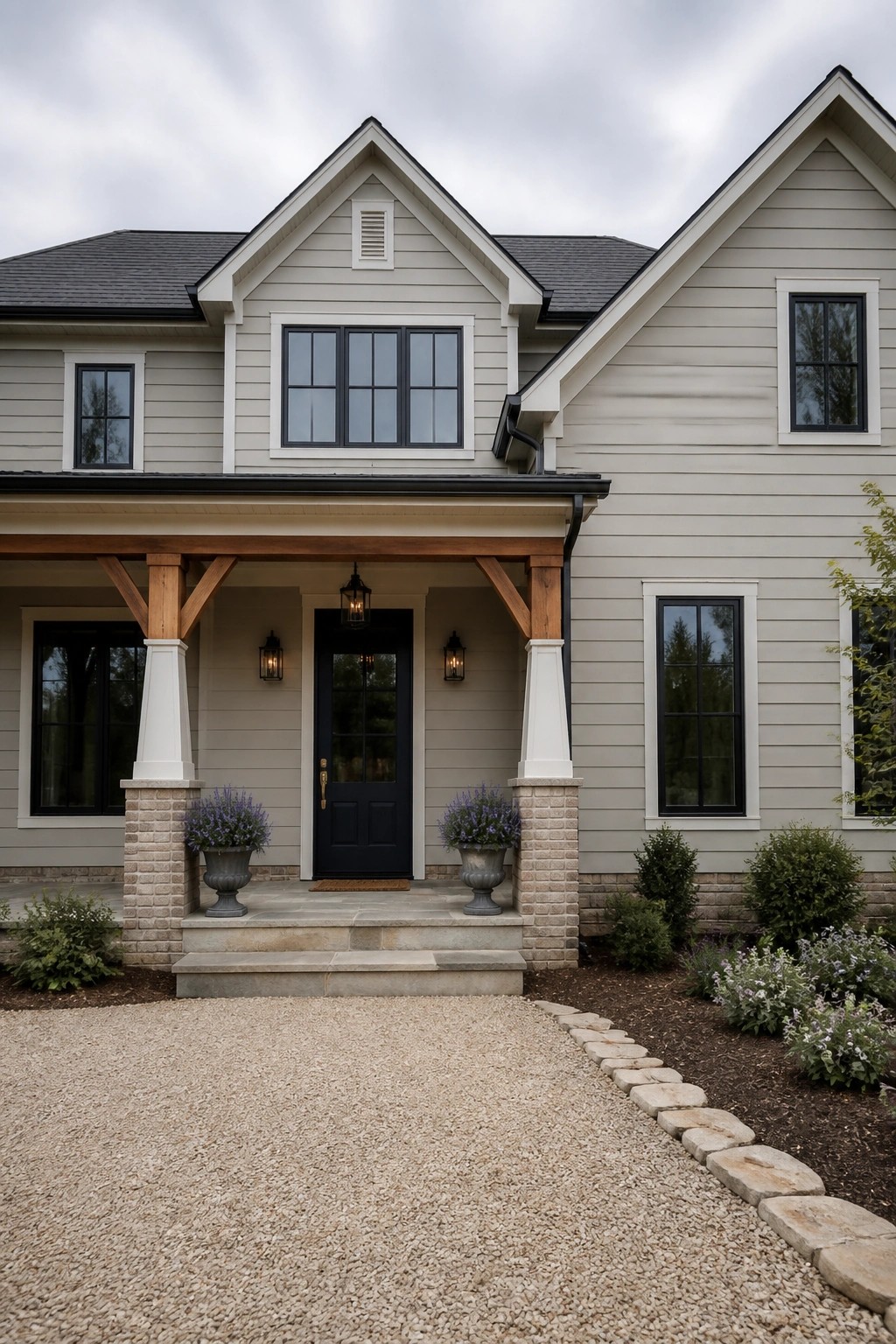 Light greige siding on a modern farmhouse exterior with wood porch posts and stone accents.
