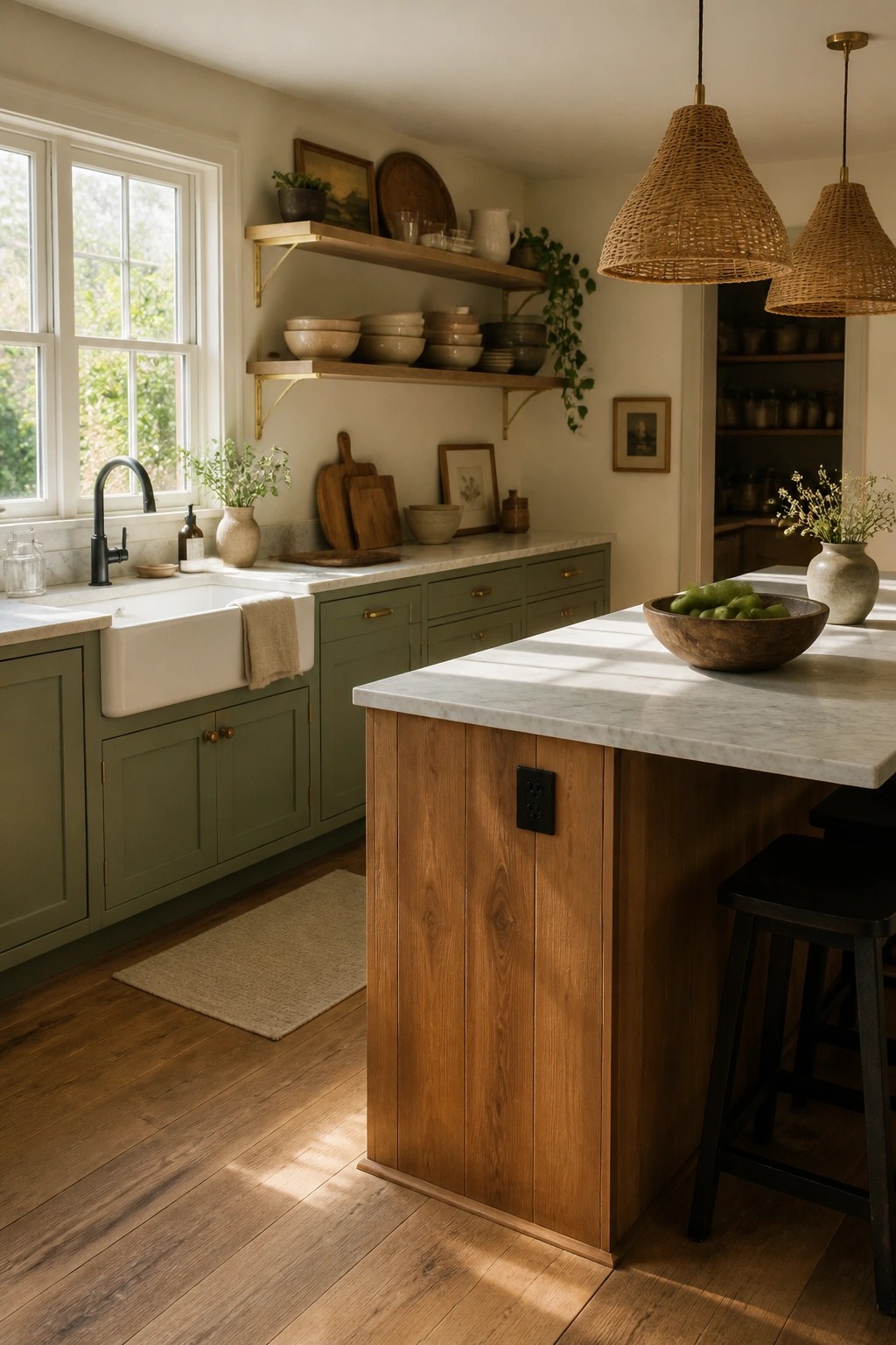 Muted sage green kitchen cabinets with a wood island in a modern farmhouse setting.