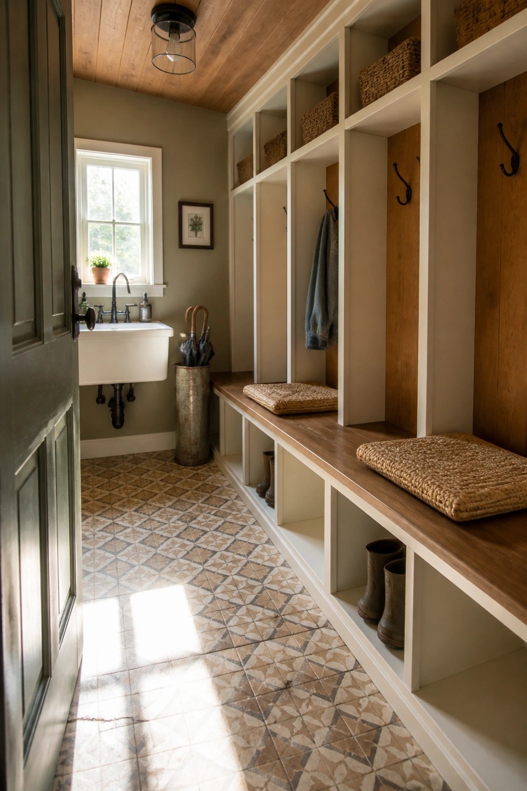 Soft sage walls in a modern farmhouse mudroom with built-in cubbies and wood bench seating.