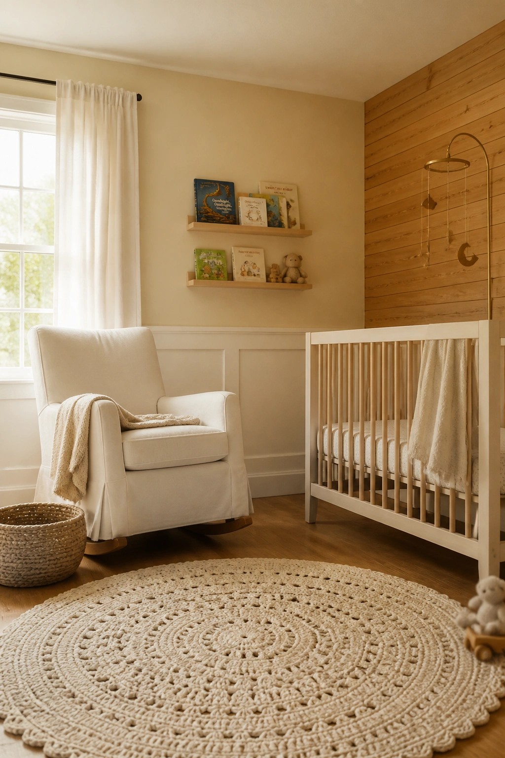 A nursery room with warm beige walls and white wainscoting.
