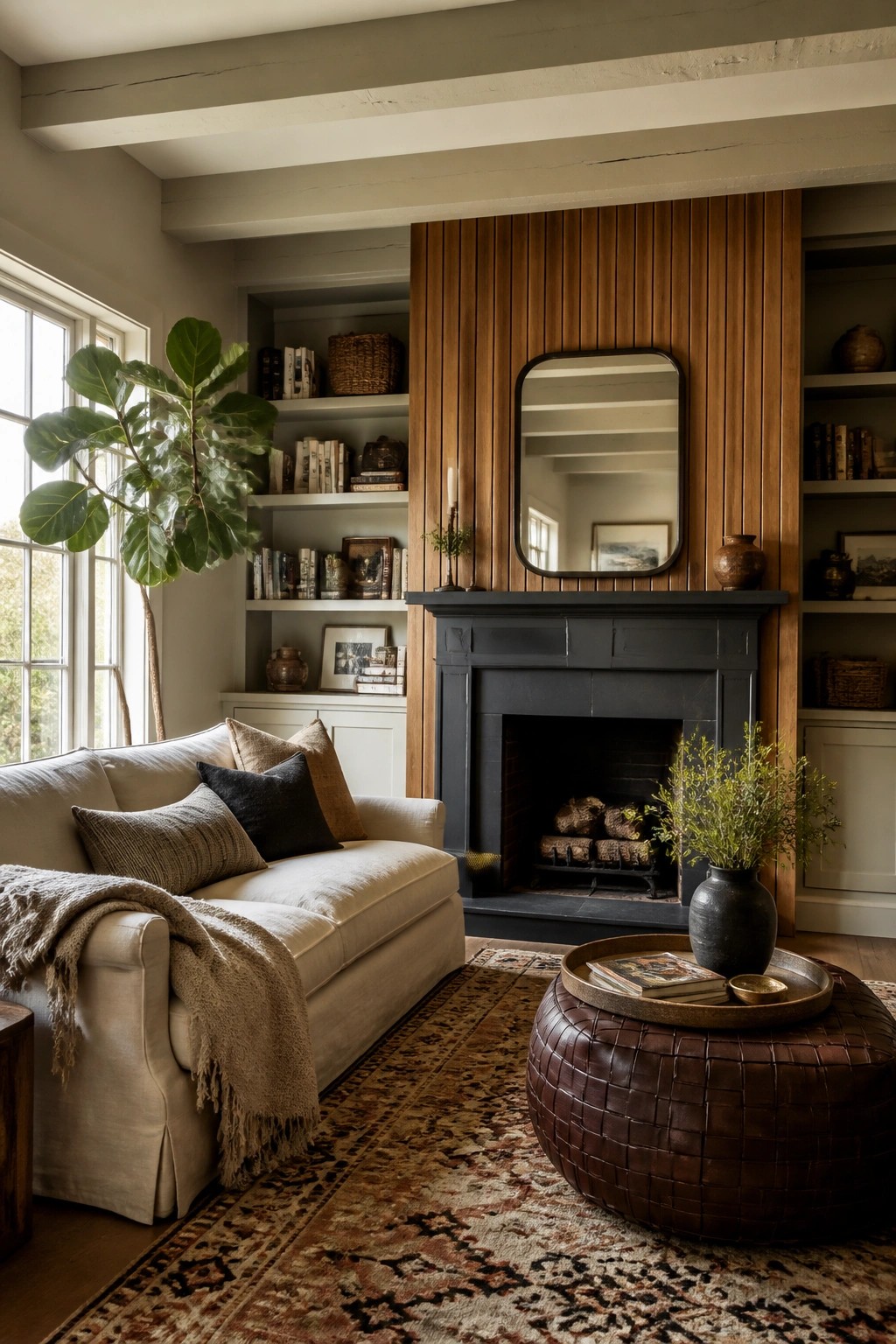 Cozy living room with white sofa, dark fireplace, bookshelves, and fiddle-leaf fig plant