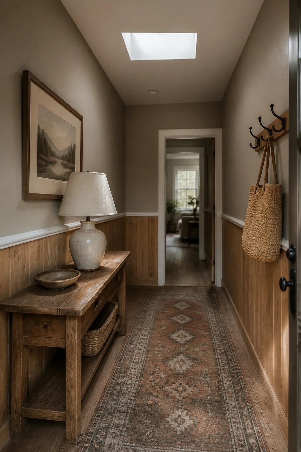 Warm greige walls run above wooden wainscoting in a narrow hallway with a rustic console table.