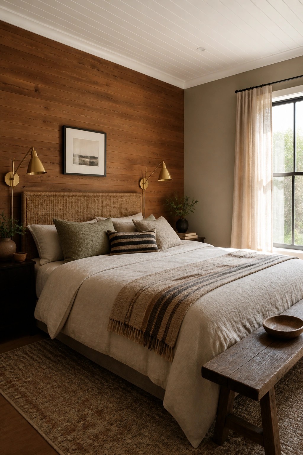 A bedroom showing warm greige walls next to a cedar accent wall.