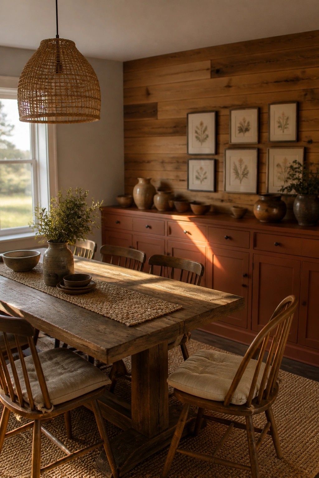 Rustic wooden dining table with spindle chairs in sunlit room with red sideboard
