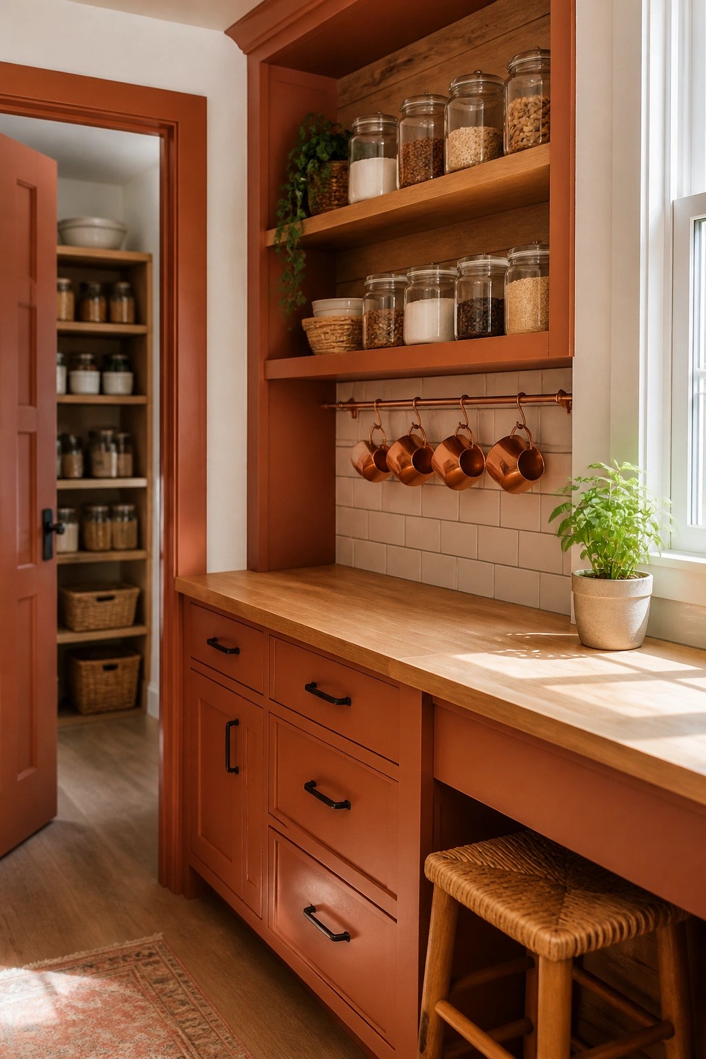Built-in cabinetry painted in a warm terracotta red inside a modern farmhouse pantry.