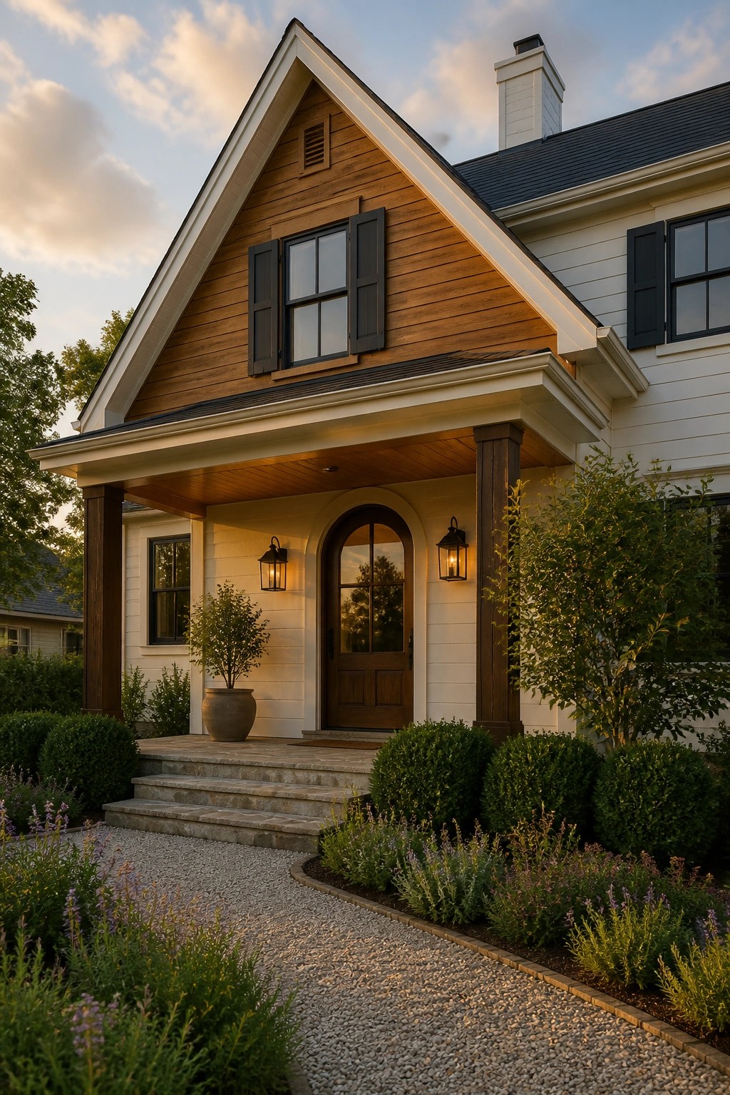 Warm white siding on a modern farmhouse exterior with cedar accents.