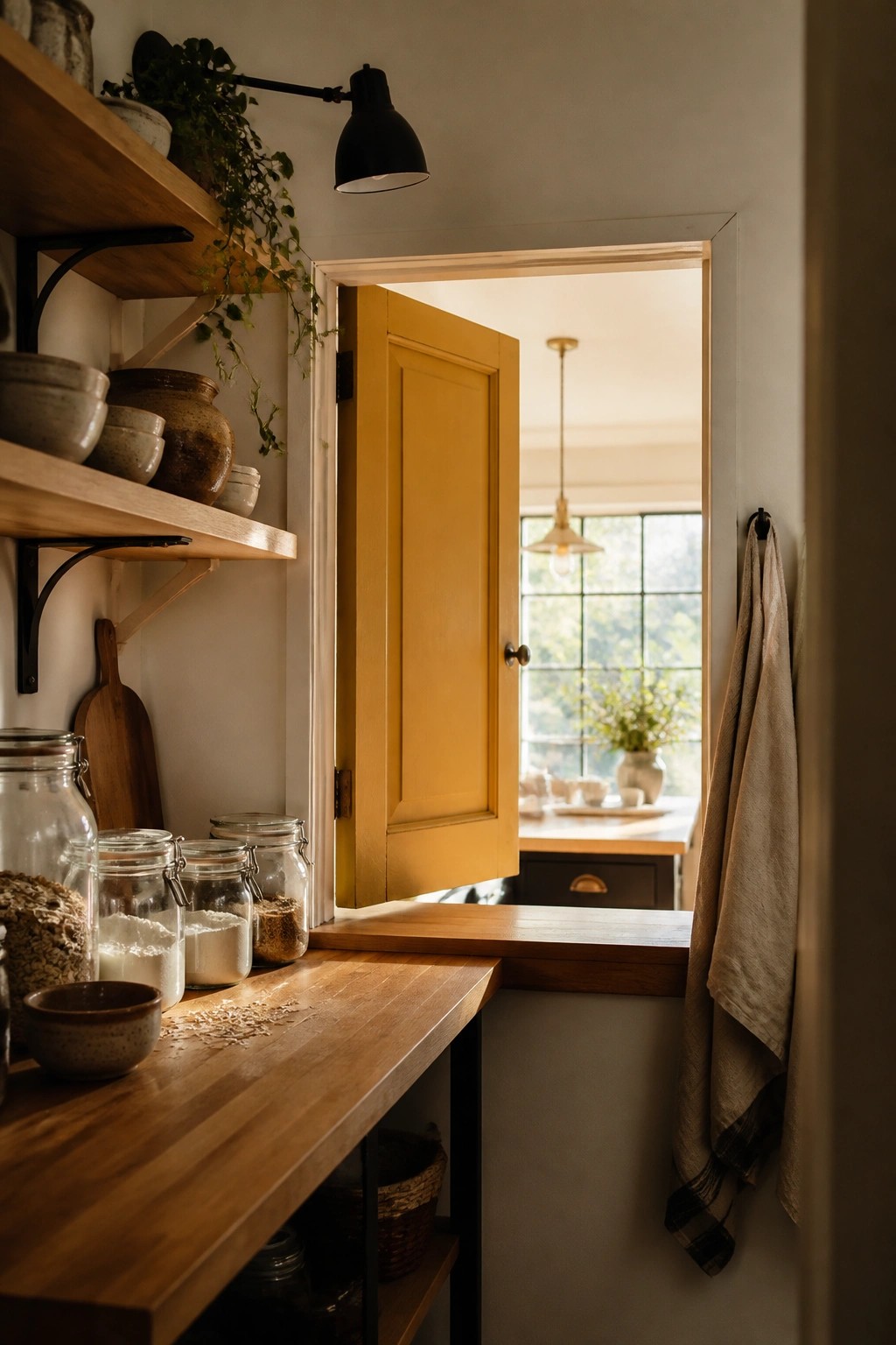 A golden yellow door stands open between wooden shelves and a kitchen counter.
