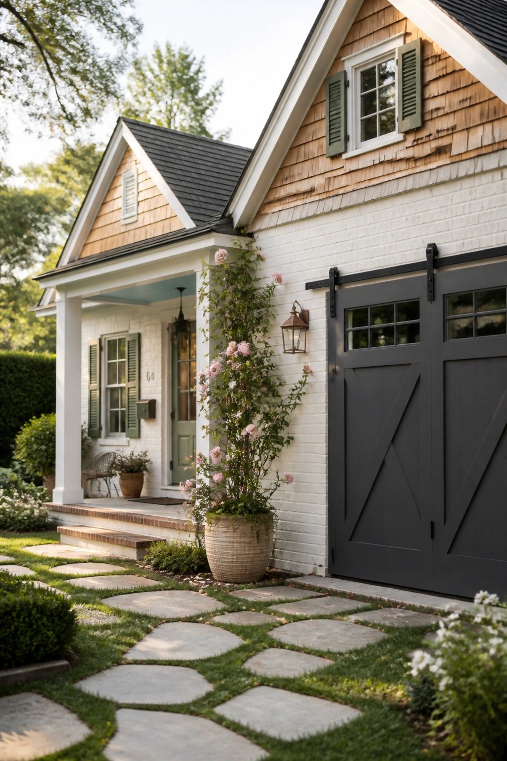 A modern farmhouse exterior with white painted brick siding and cedar shake accents.