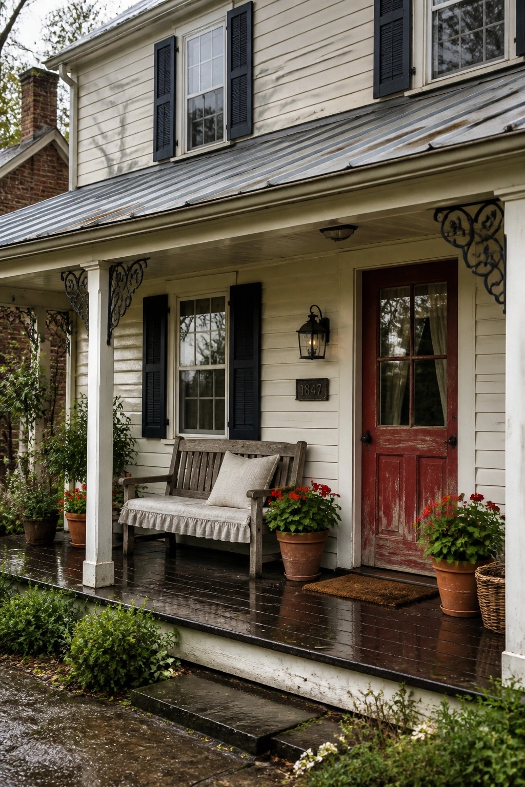 Cottage farmhouse exterior with creamy white siding on the porch.