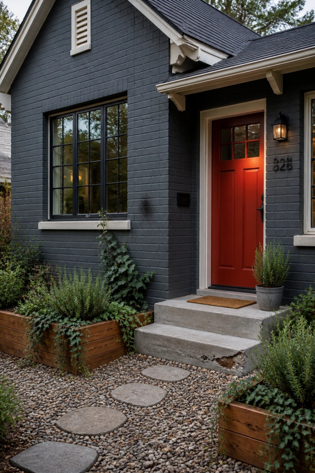 A cottage house exterior painted in deep charcoal gray with white trim and a red door.