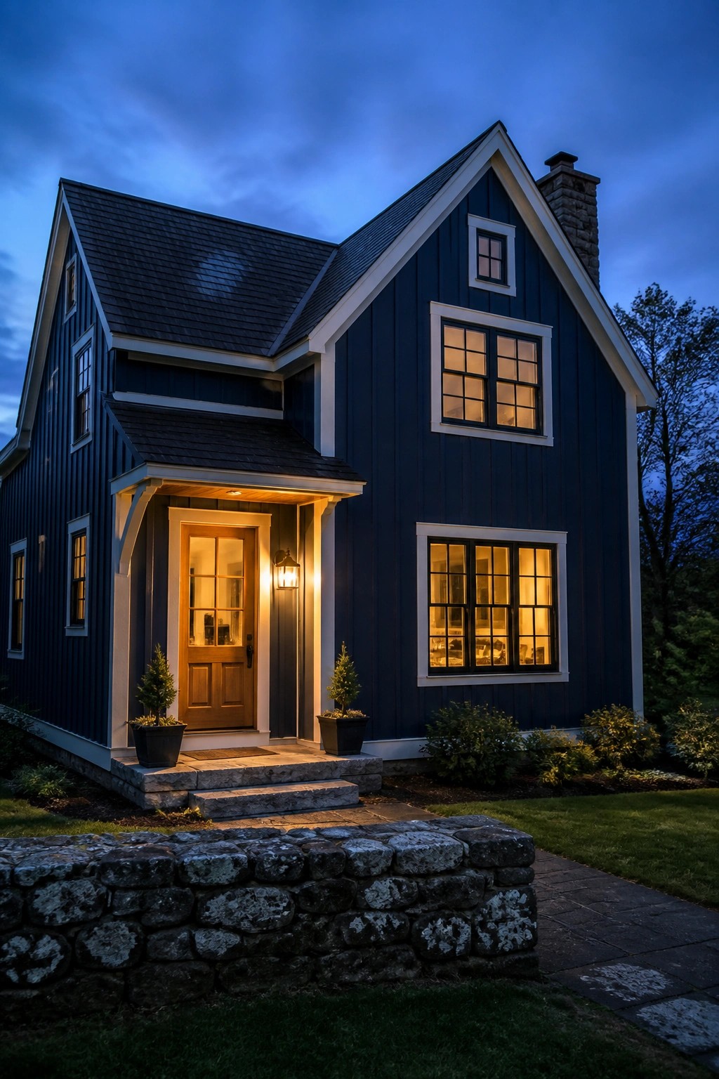 A two-story house with deep navy blue siding and white trim at twilight.