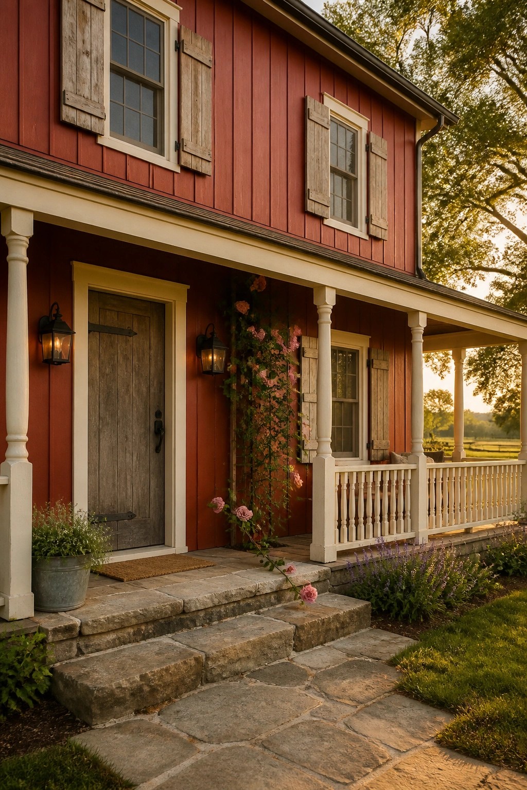 A red wooden house exterior with white trim and a stone walkway.