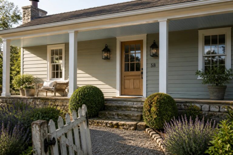 19 Cottage Farmhouse Exterior Colors for a Relaxed Country Feel Cozy green cottage with white porch, stone steps, picket fence, and lavender.