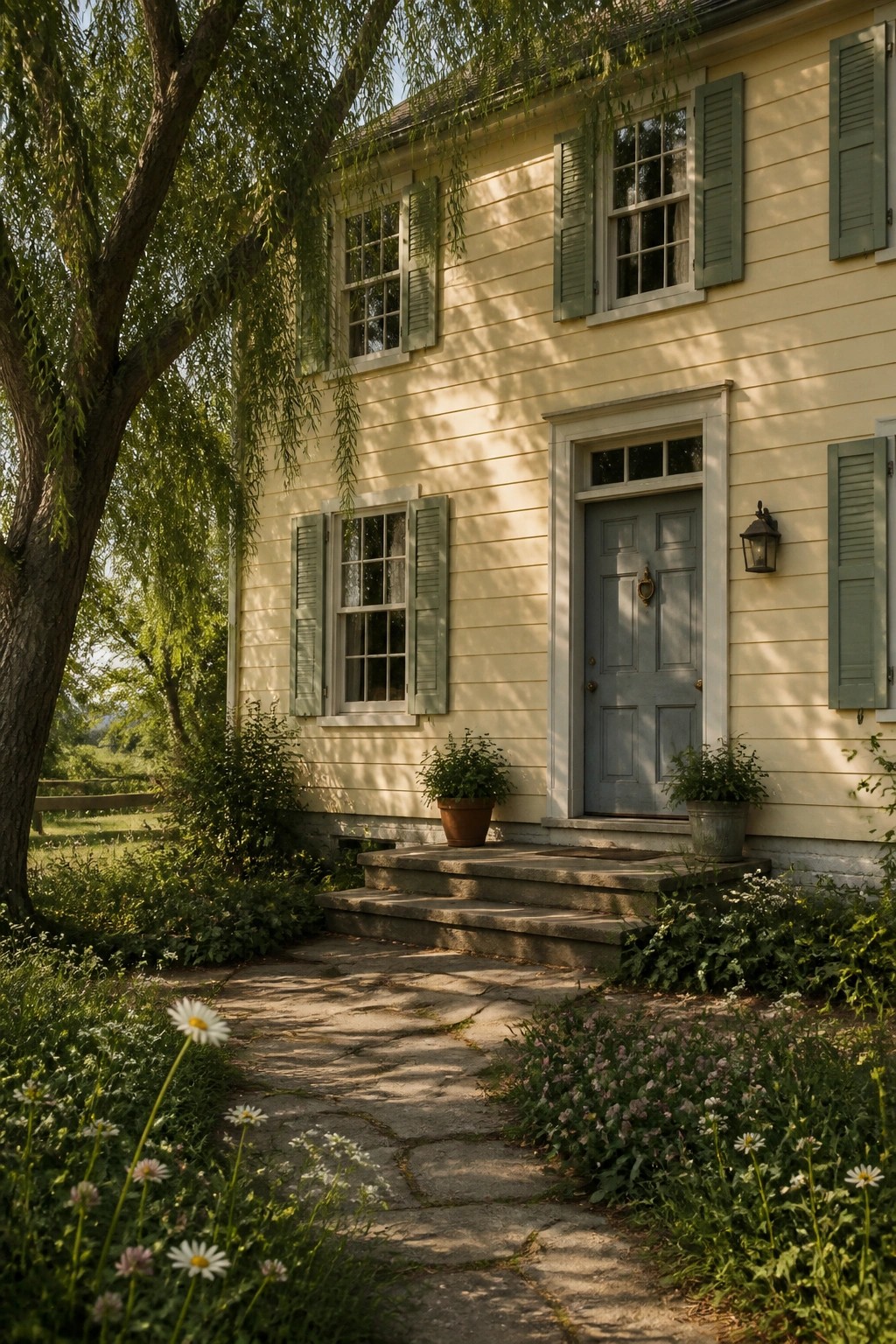 Pale yellow siding on a cottage farmhouse exterior with stone steps.