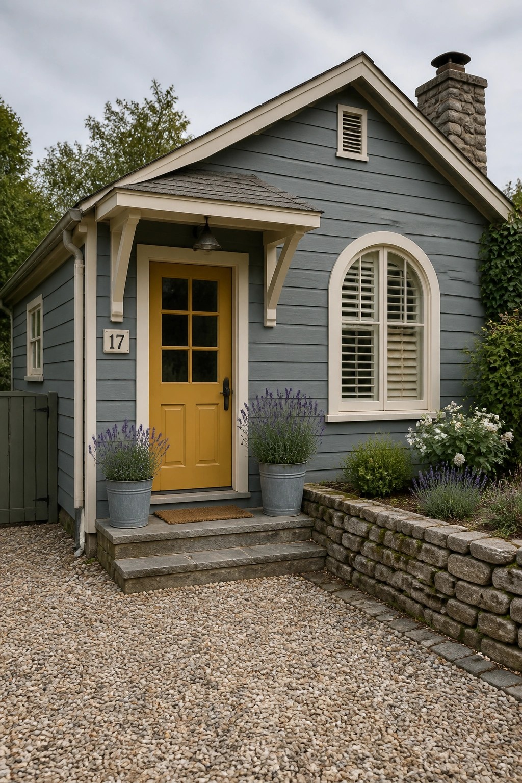 Blue-gray painted siding on a small cottage style house with white trim.