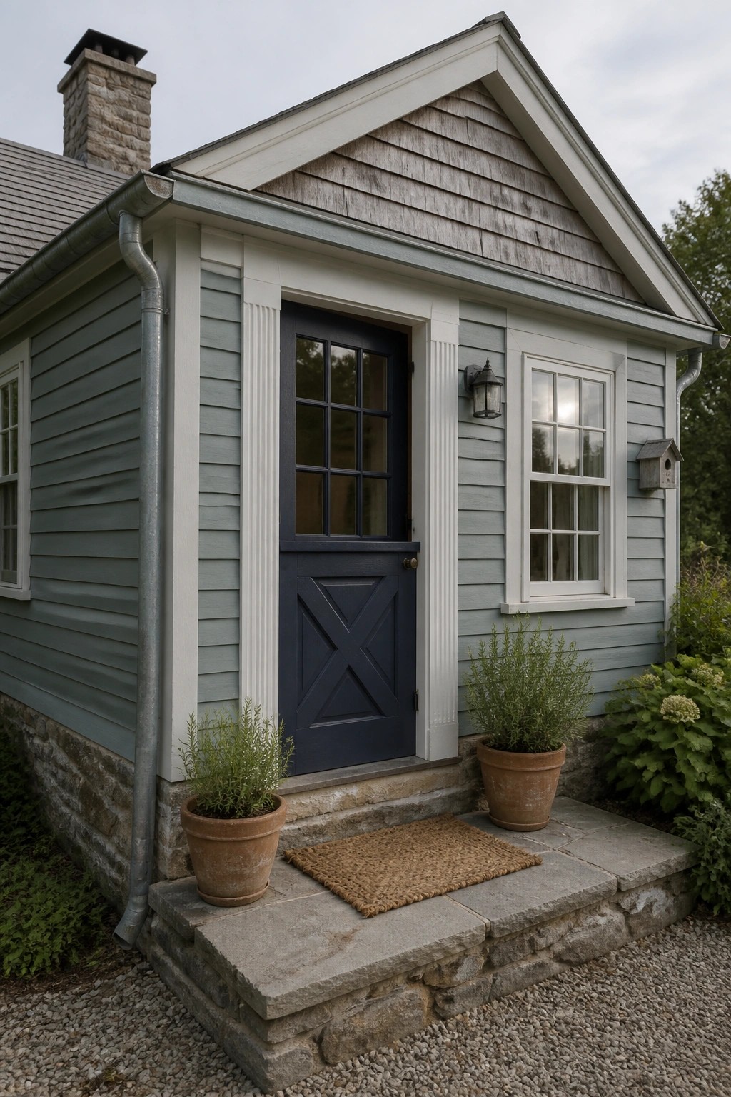 Cottage exterior with soft blue gray siding and white trim.