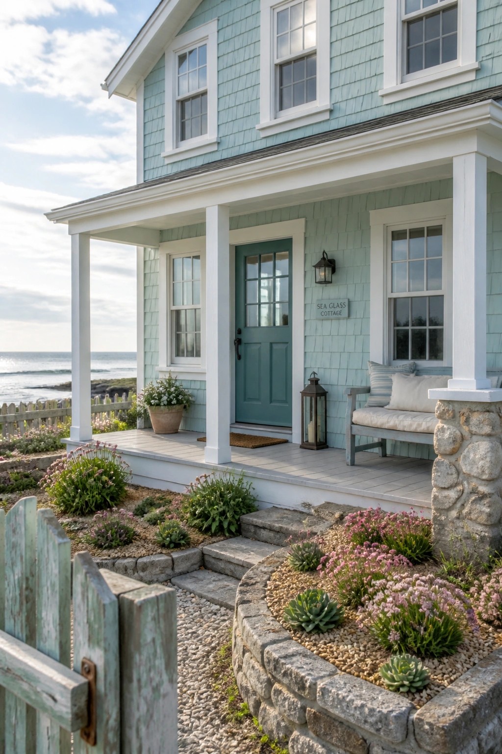 Light blue coastal cottage with teal door, white porch, ocean-view garden.