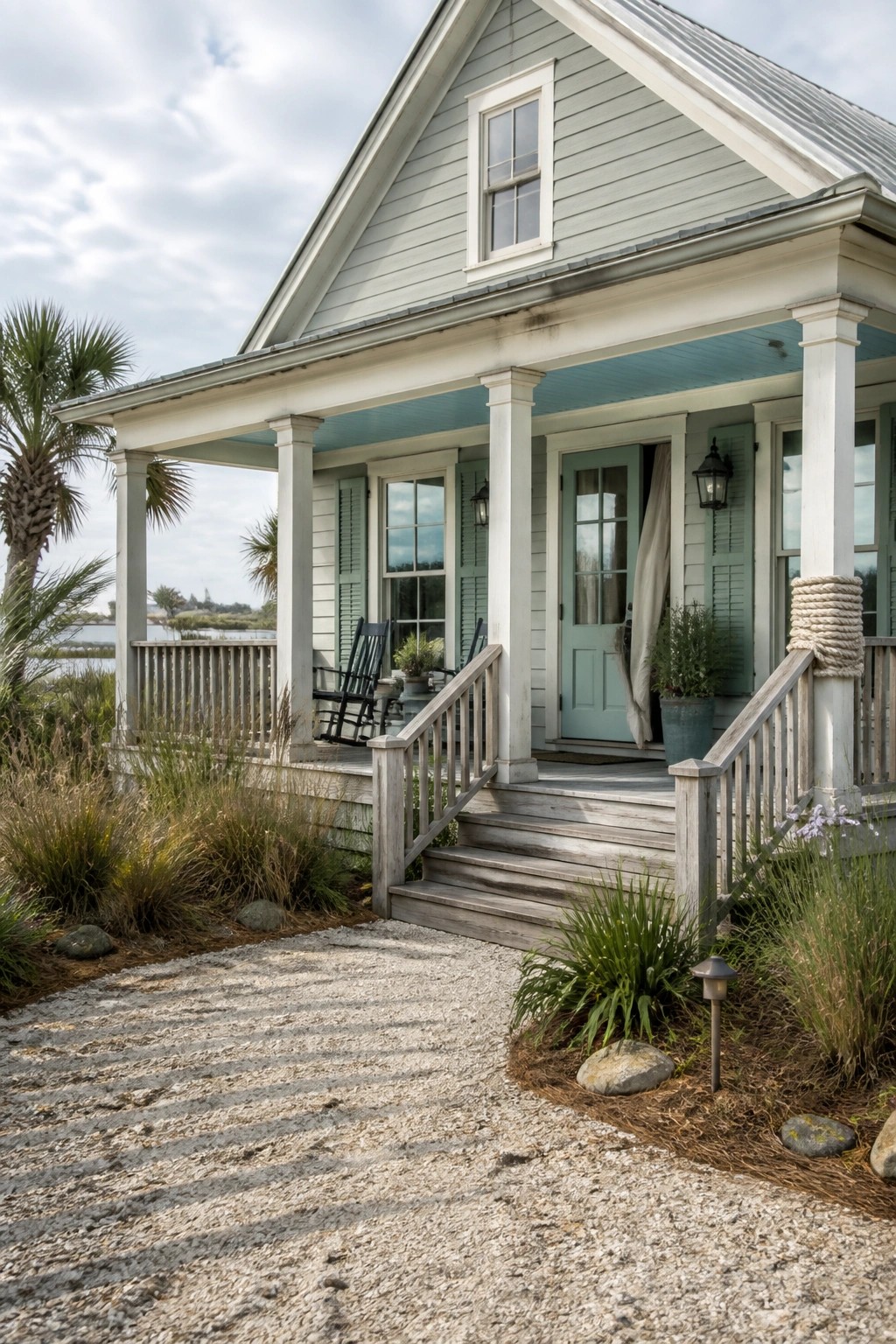 Coastal cottage with light blue-gray siding, white porch, rocking chairs, and gravel path.