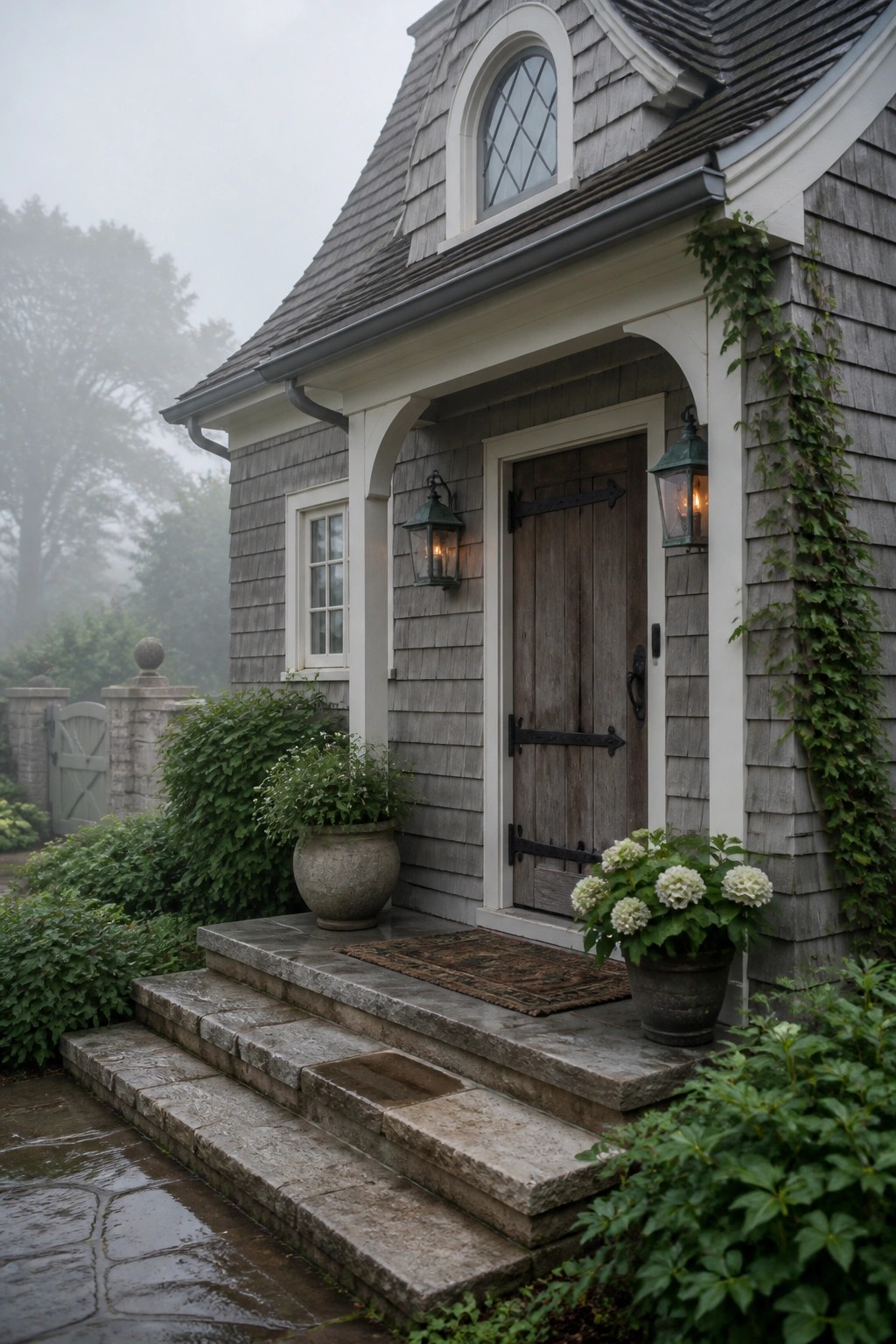 Stone steps lead to wooden door on foggy gray shingled house with potted plants.