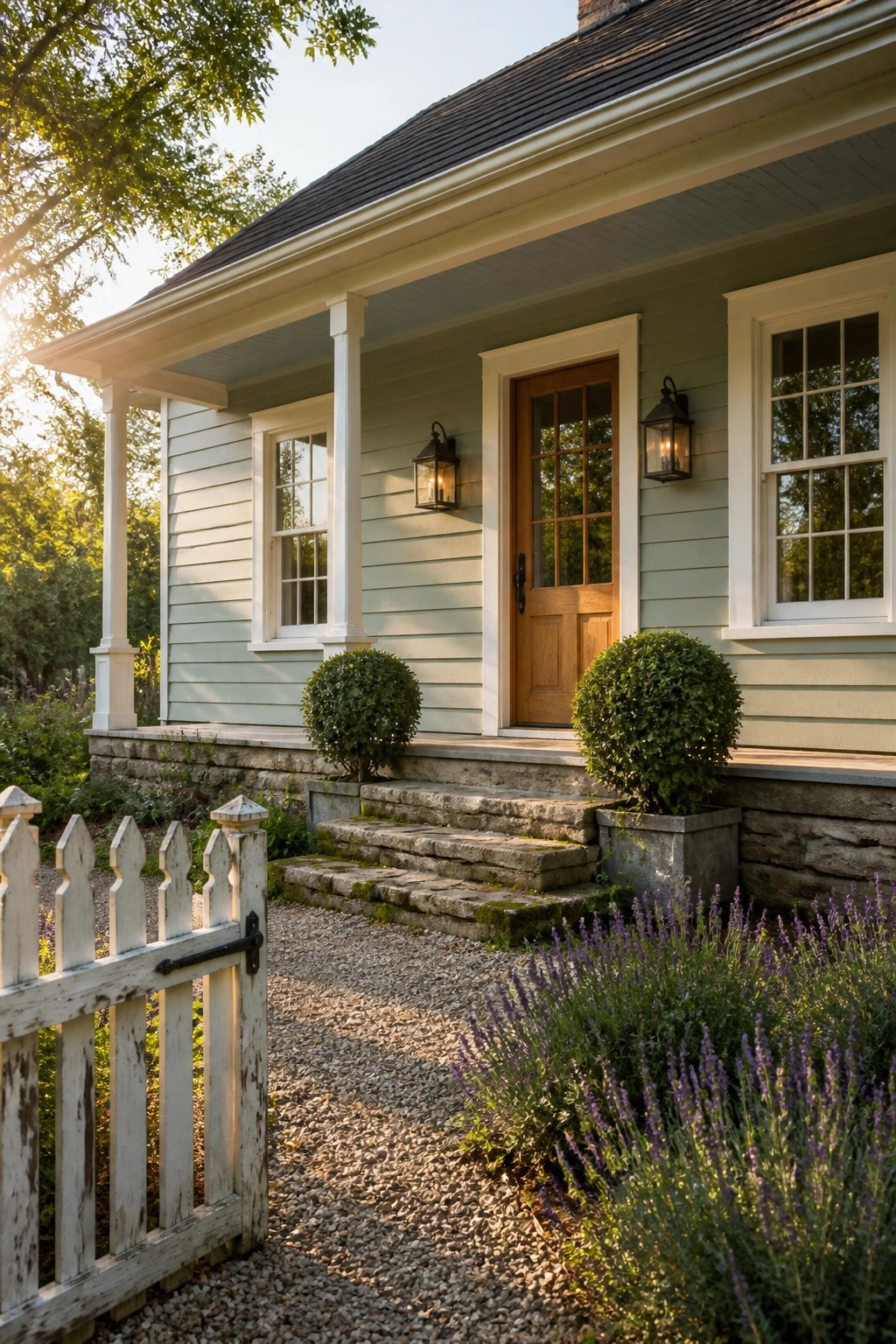 Cozy green cottage with white porch, stone steps, picket fence, and lavender.