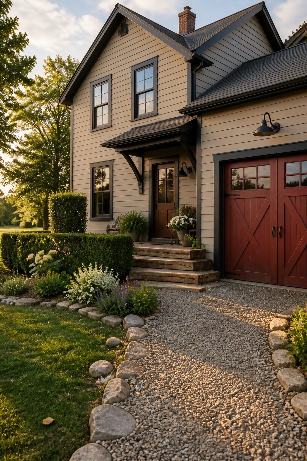 A cottage farmhouse exterior with soft greige siding and dark trim.