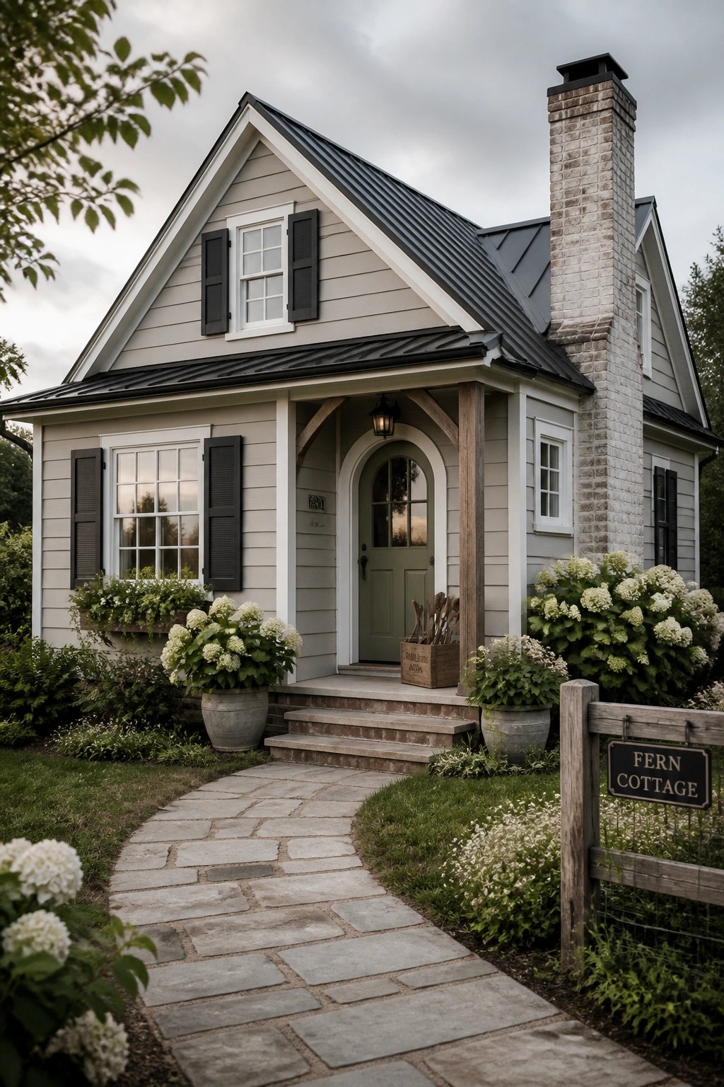Light greige siding on a cottage exterior with white trim and a stone chimney.