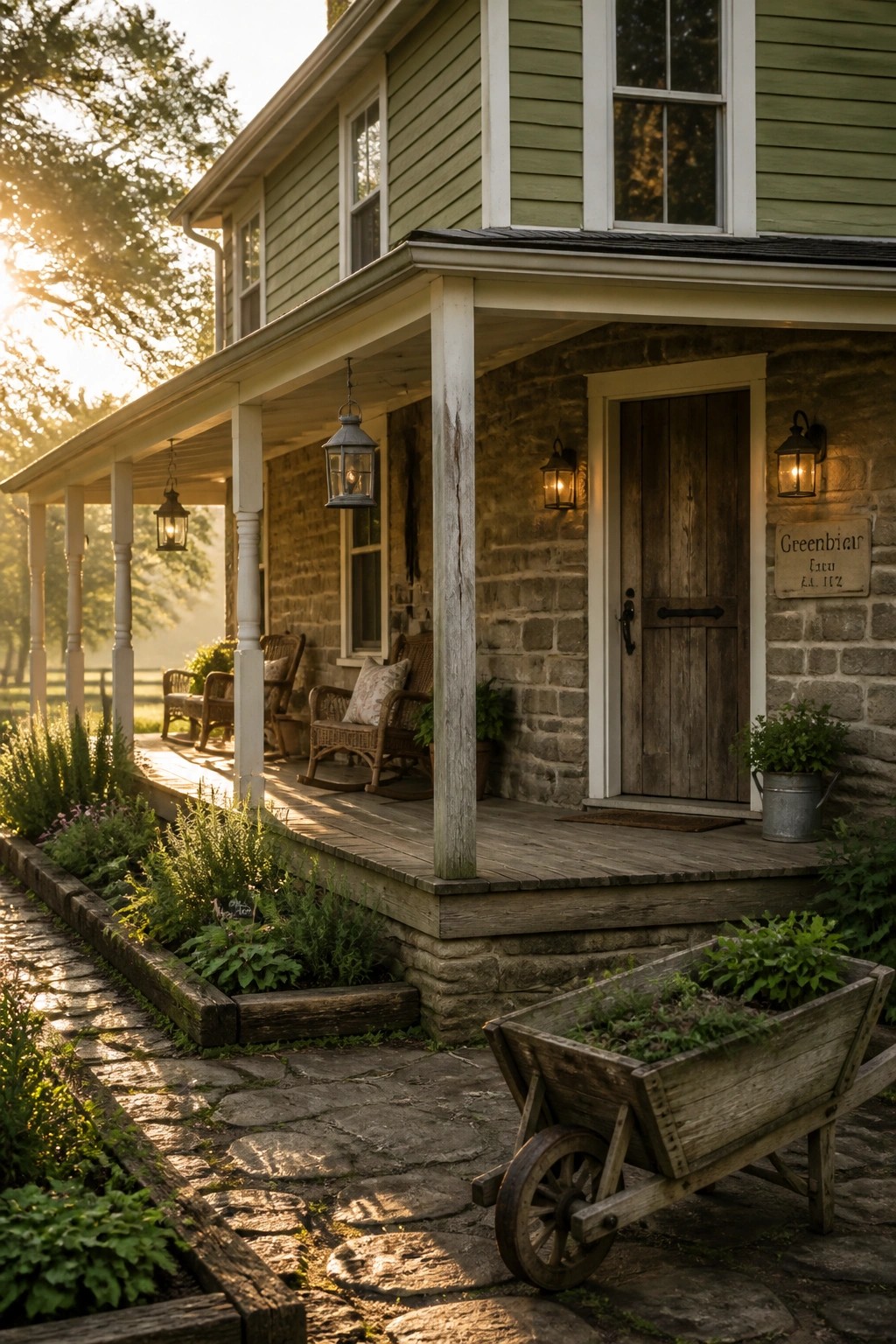 A house exterior painted in soft sage green siding with white trim and stone accents.