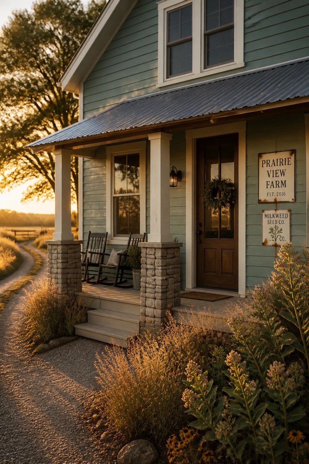 Rustic blue farmhouse porch with rocking chairs, wooden door, and signs at sunset.