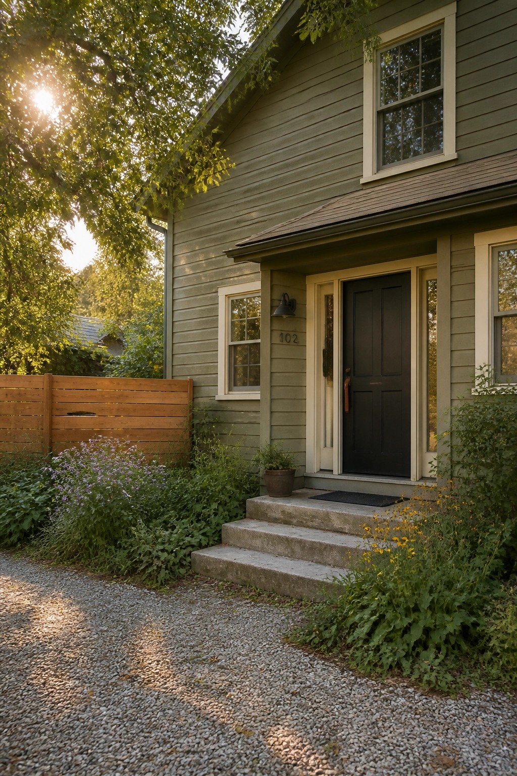 A house with muted sage green siding and white trim on a gravel path.