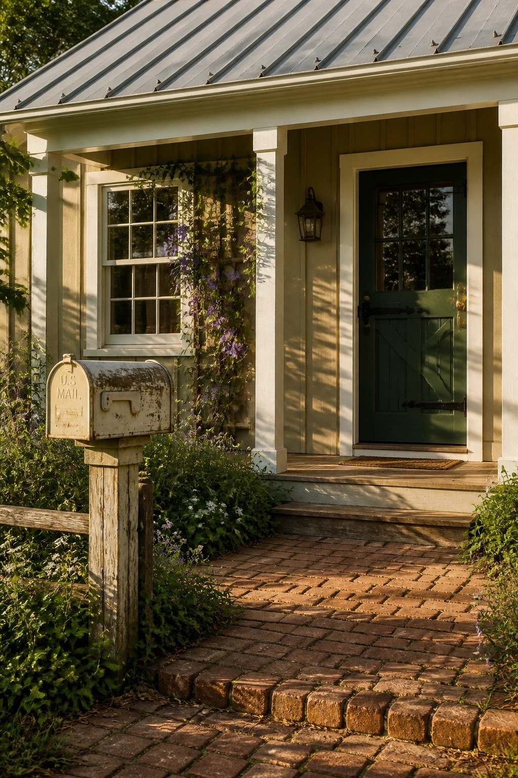 Cottage exterior with soft sage green siding and white trim.