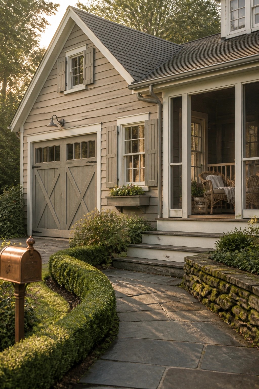 Charming gray house with garage, porch, stone path, mailbox, and lush greenery