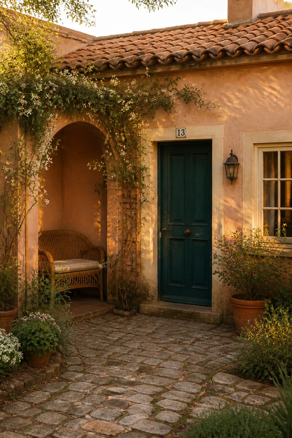 Cottage exterior walls finished in a soft terracotta stucco color.