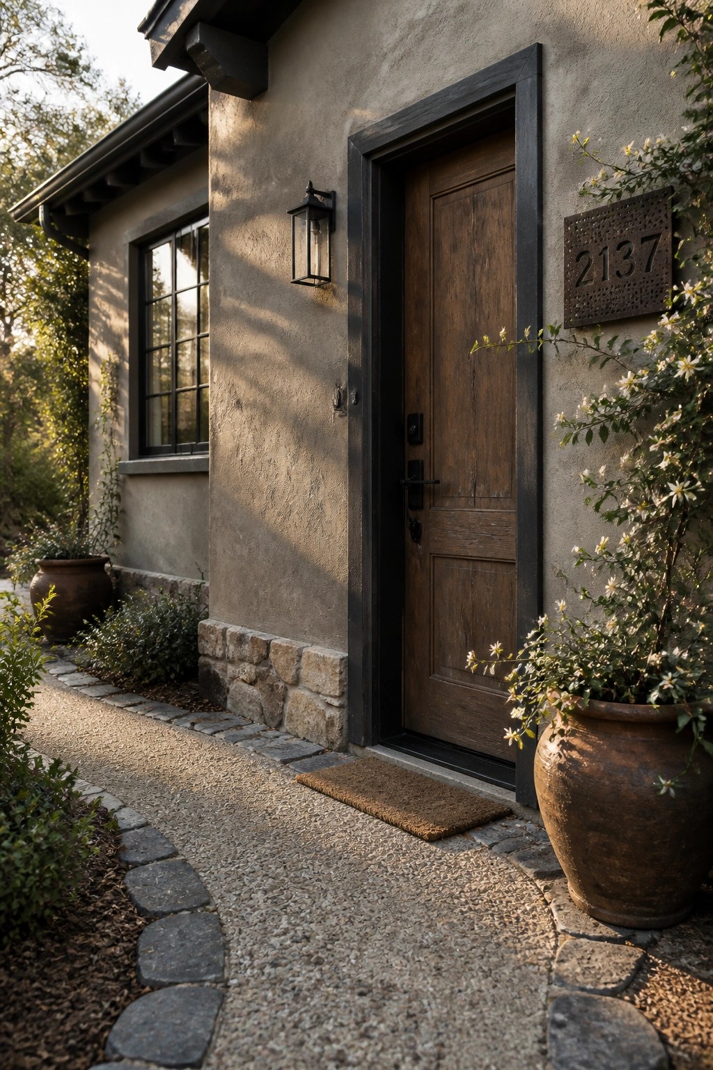 Rustic wooden door on stucco house with lantern, pots, and stone path