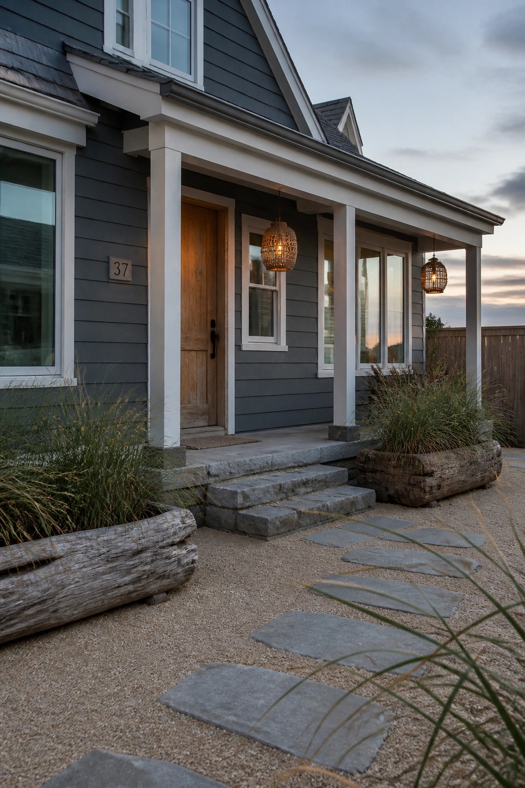 Gray house with wooden door, hanging lanterns, stone steps, and gravel path at dusk.
