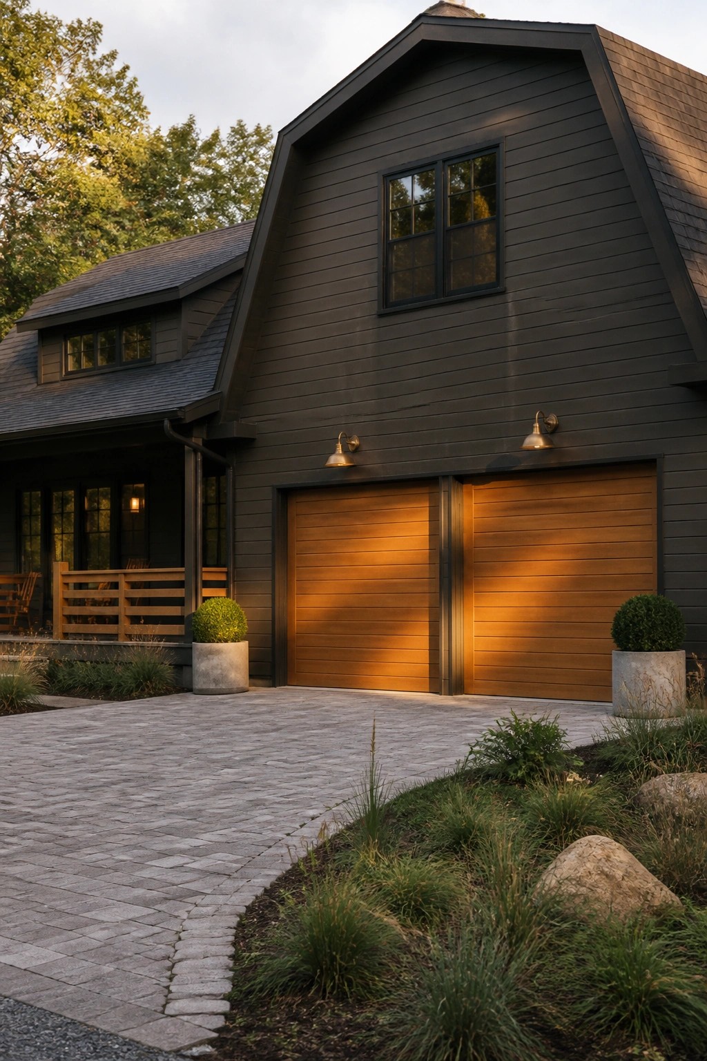 Dark gray barn house with illuminated wooden garage doors and landscaped driveway