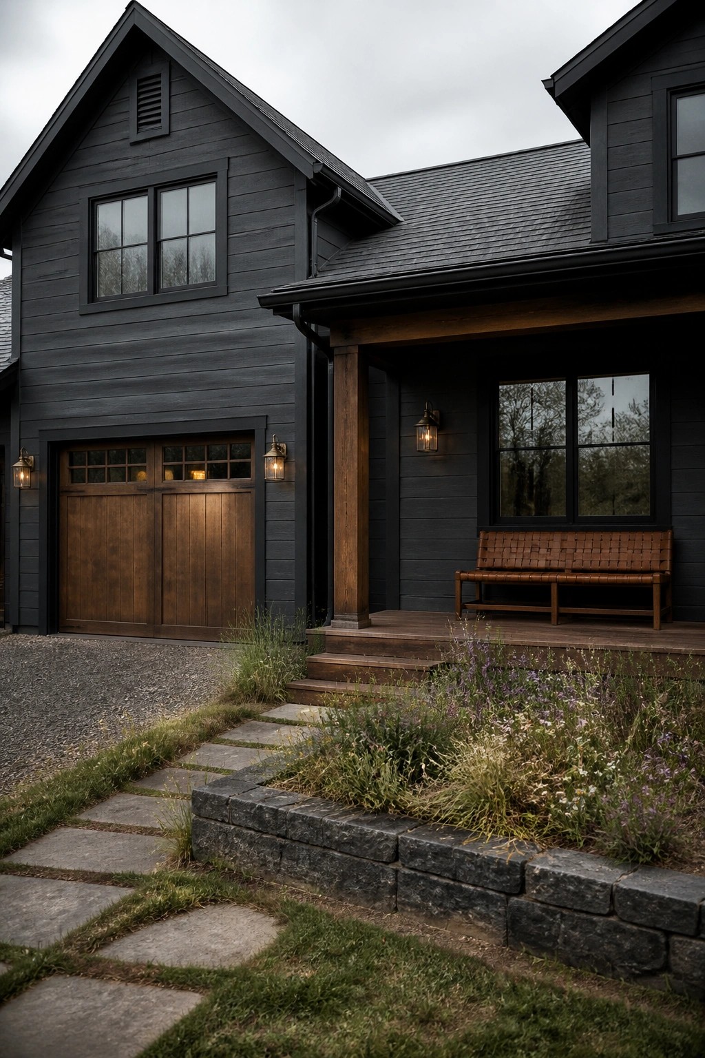 A modern farmhouse exterior painted in deep charcoal gray siding.