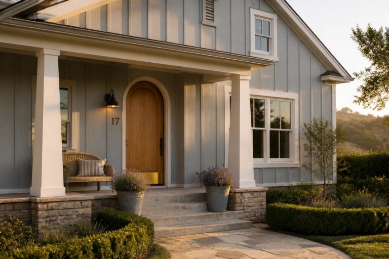 20 Gray Modern Farmhouse Exterior Colors That Feel Expensive and Calm Light blue gray siding on a modern farmhouse with white trim and stone steps.