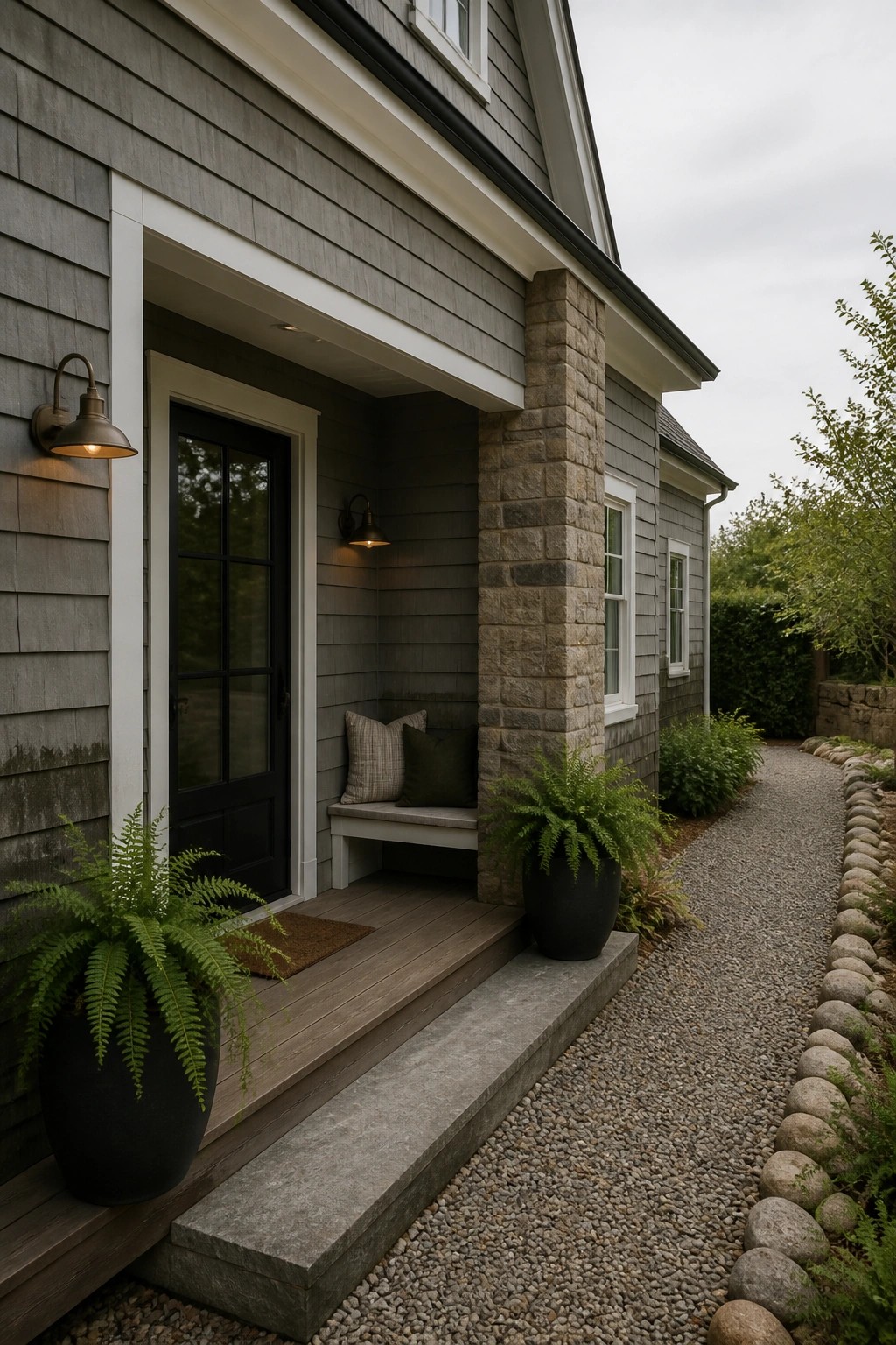 Gray painted siding on a modern farmhouse exterior next to a stone pillar and wooden entry.