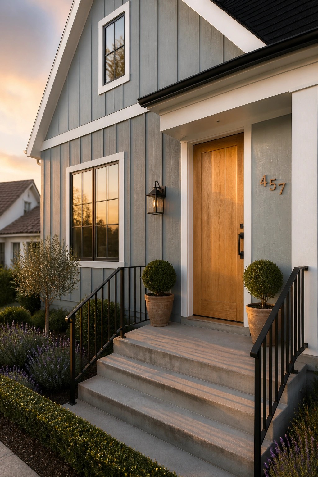Modern farmhouse exterior with soft blue gray siding and white trim.