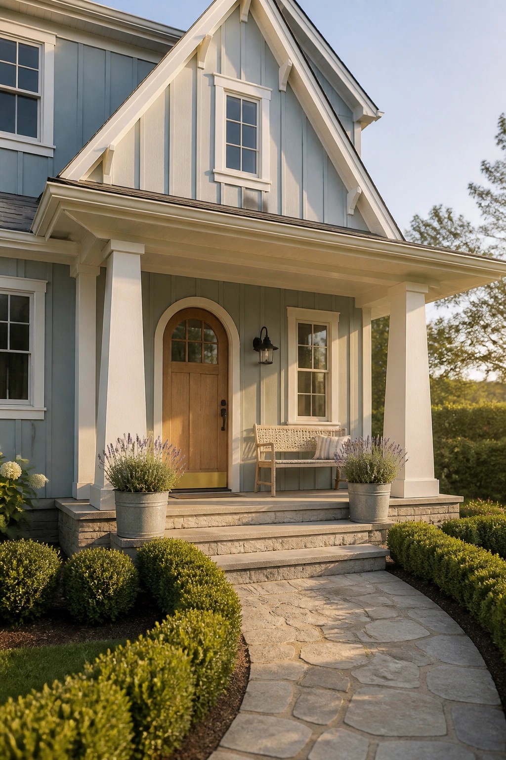 Light blue gray siding on a modern farmhouse with white trim and stone steps.