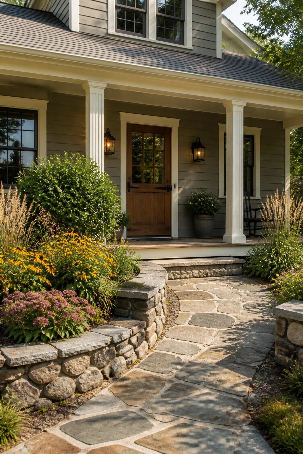 A house exterior painted in soft gray siding with white porch trim.