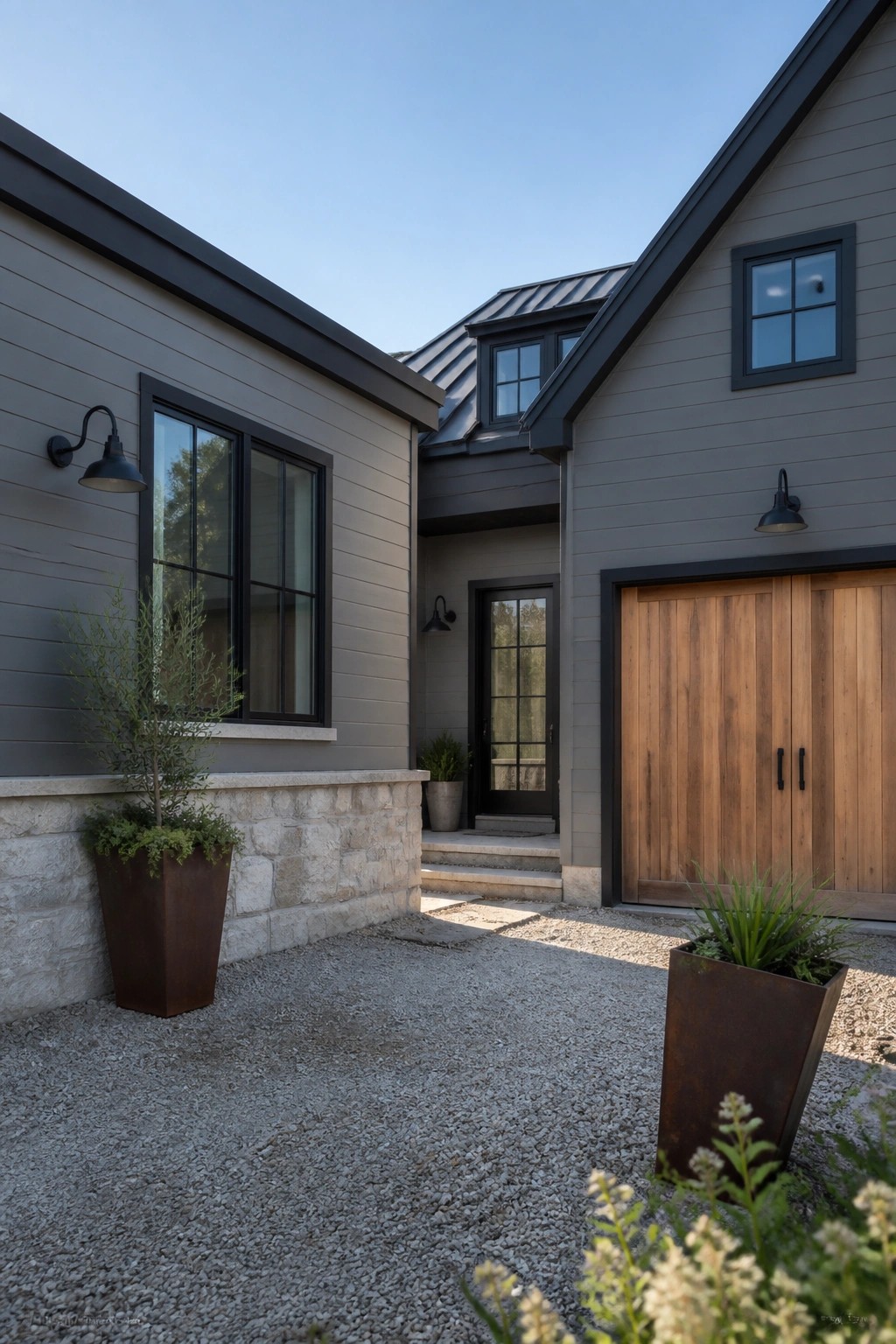 Modern farmhouse exterior with soft gray siding and black trim.