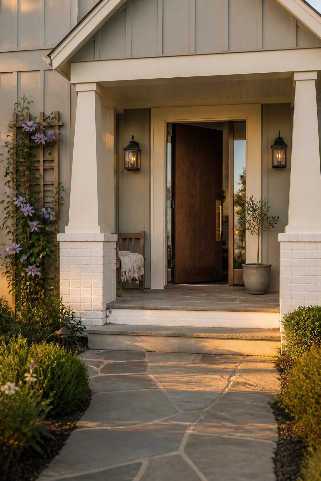 Light gray siding on a modern farmhouse with white trim and columns.