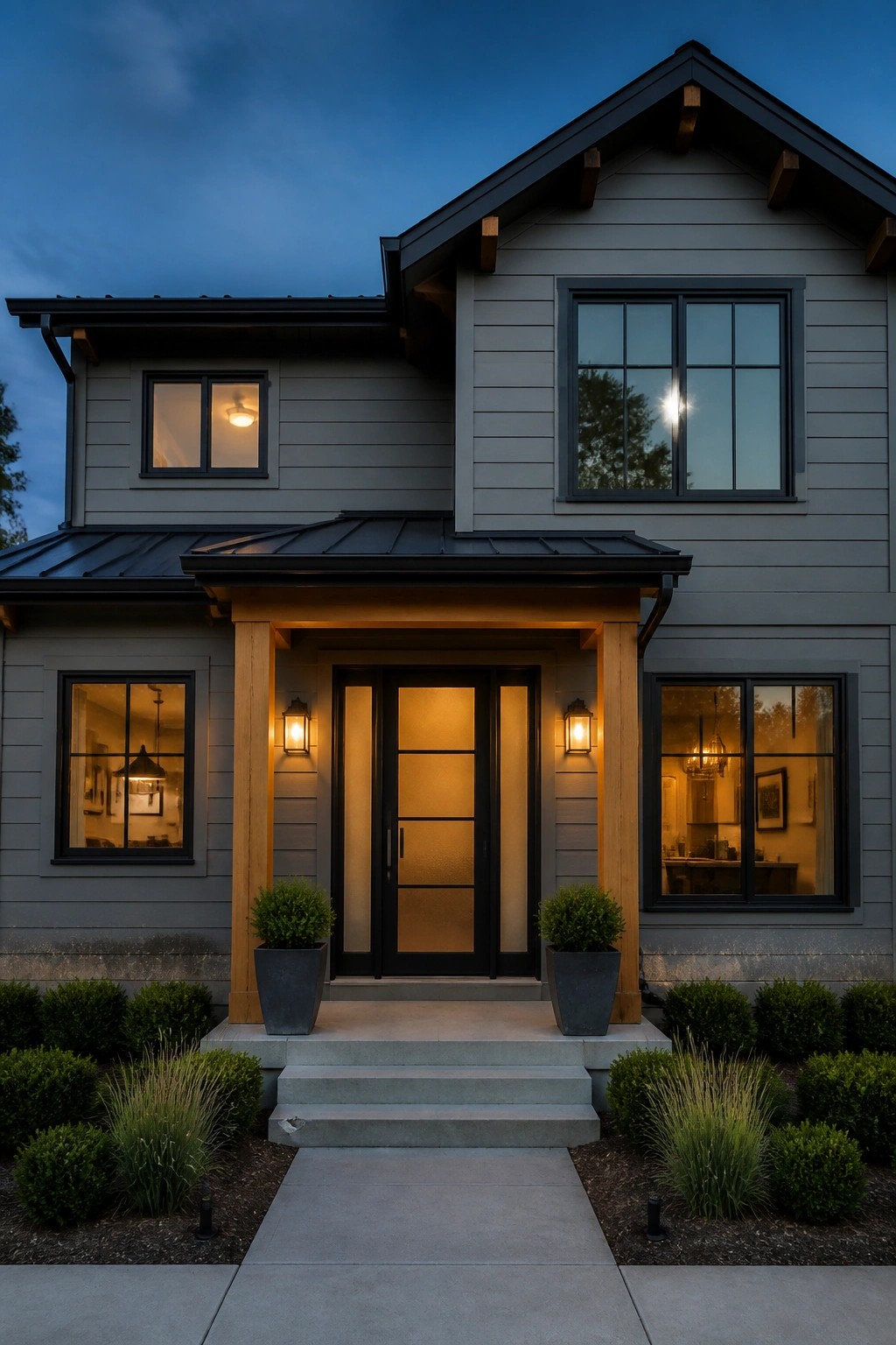 A modern farmhouse exterior painted in soft gray siding with black windows.