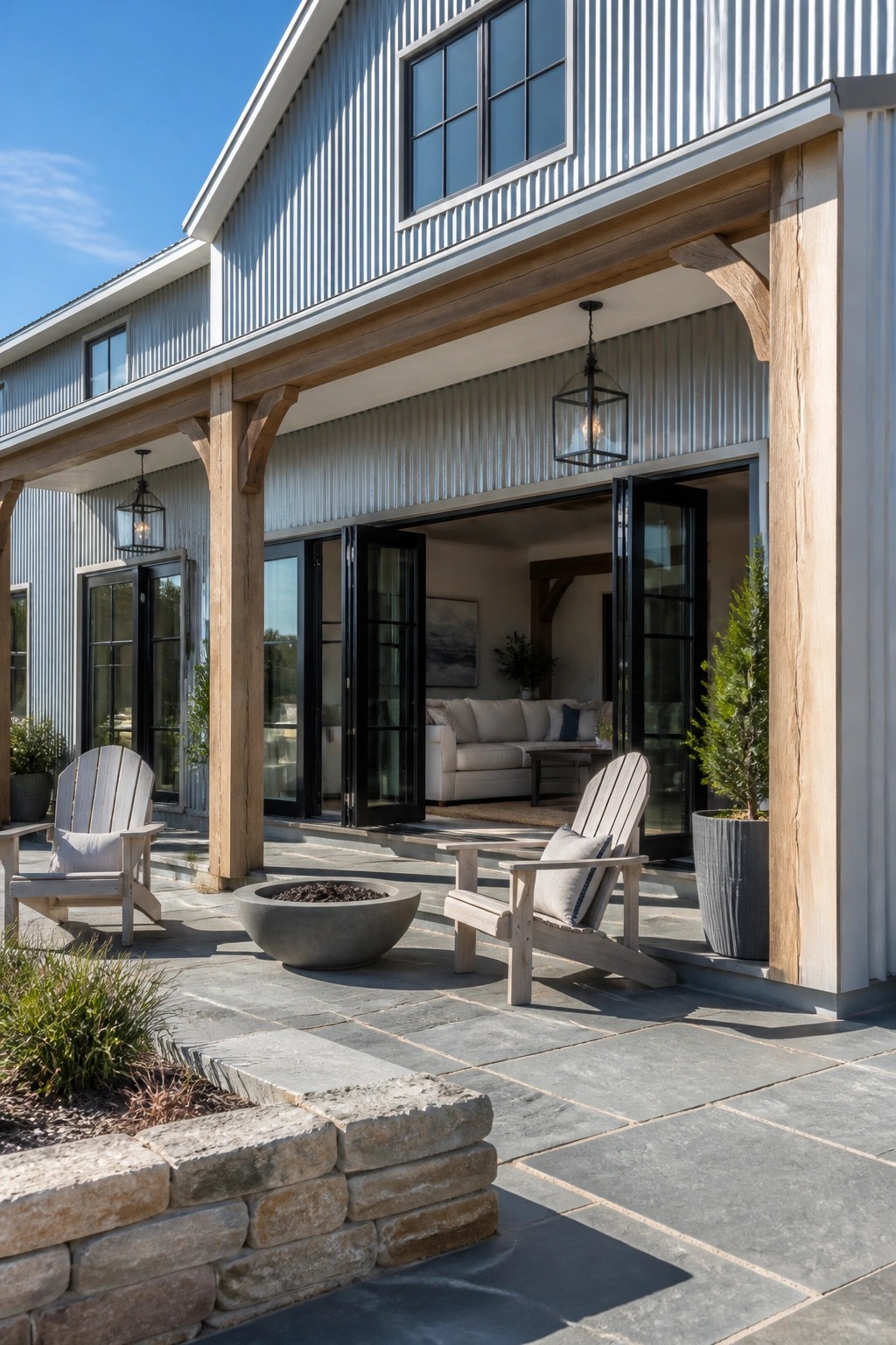 Light gray vertical siding on a modern farmhouse exterior with wood beams and stone patio.