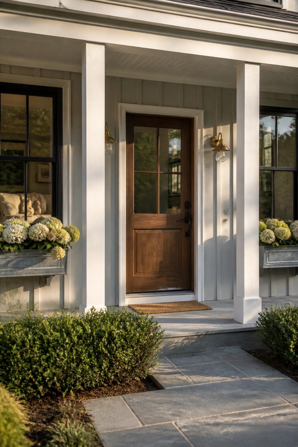 Light gray siding on a modern farmhouse porch with white columns and a wood door.