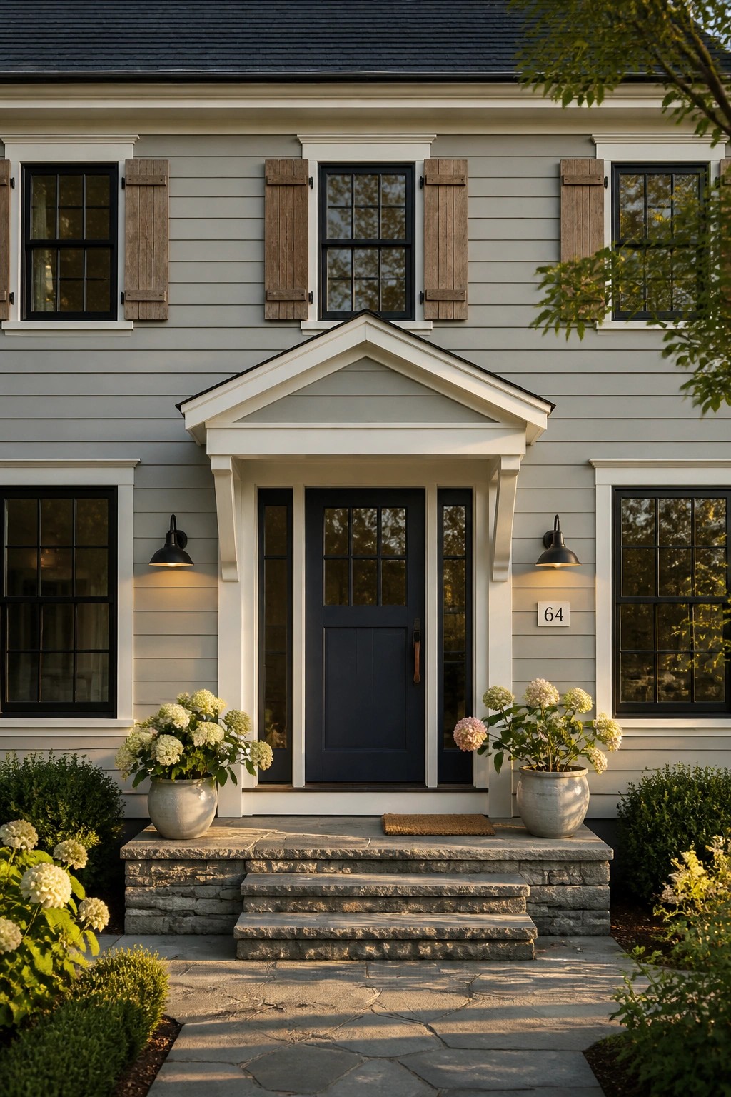 Gray house with navy door, stone steps, potted white hydrangeas, and shutters.