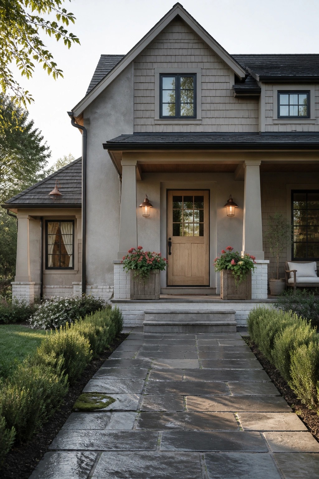A modern farmhouse exterior with soft greige siding and stone accents.