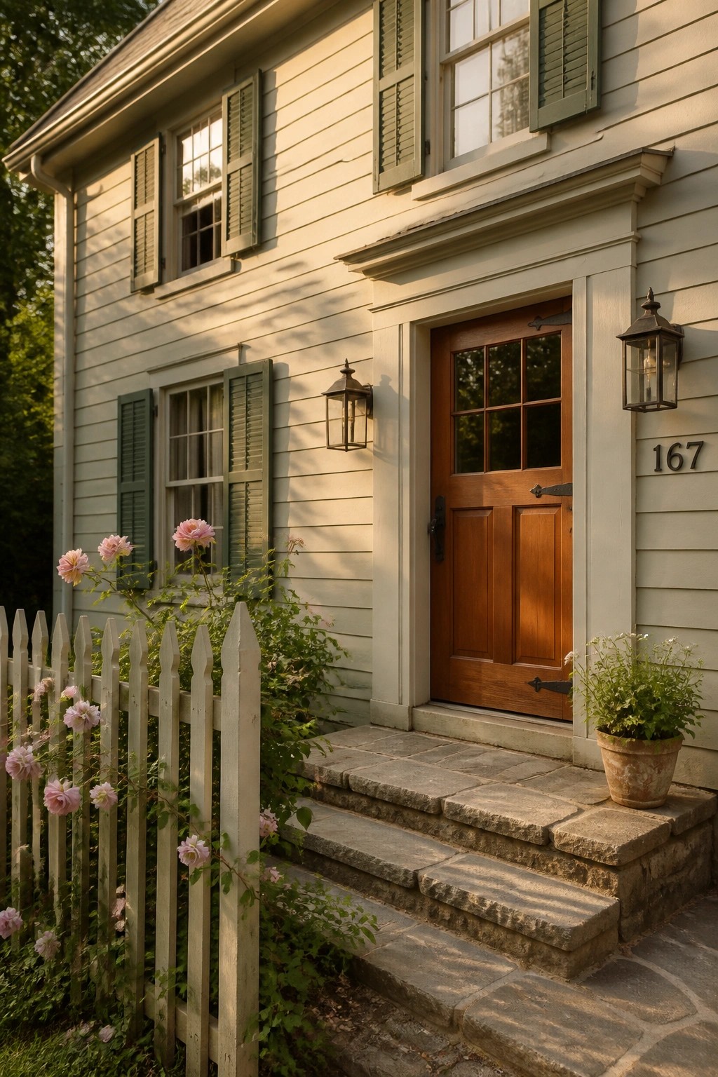 Light gray siding on a house exterior with stone steps and a wooden door.
